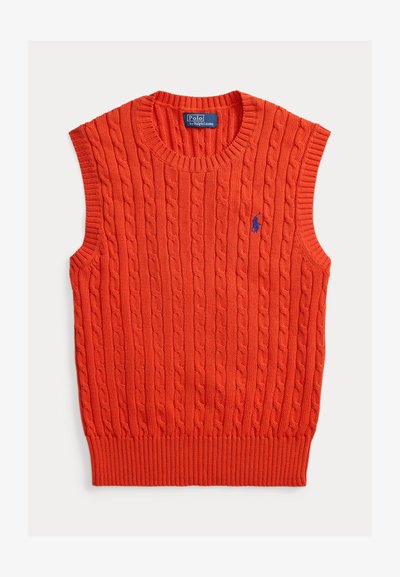 Brezrokavnik s kletko, svetlo oranžne barve, z rebrastim izrezom in spodnjim robom ter majhnim modrim logotipom na prsih.