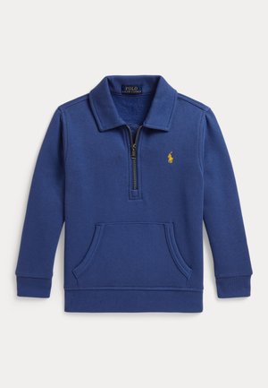 Blå langærmet pullover med kvart lynlås, krave, kangurulomme foran og lille gul Polo Ralph Lauren-logo på brystet.