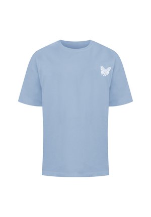 Light blue cotton t-shirt with short sleeves. Features a white butterfly graphic printed on the left chest area. Simple, basic design.