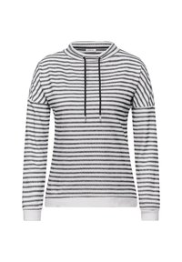 Randig sweatshirt i vitt och svart, med hög halsringning, långa ärmar, snoddhuva och ribbad nederkant och ärmkanter.