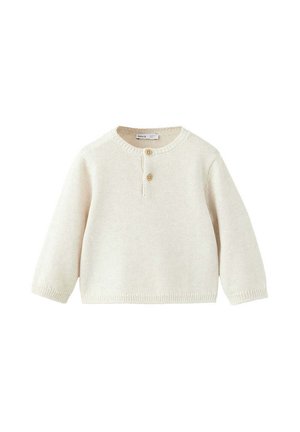 Pull bébé en tricot couleur crème à manches longues avec deux boutons en bois près de l'encolure arrondie.