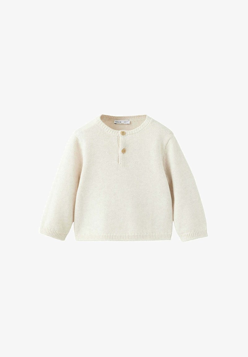 Pull bébé en tricot couleur crème à manches longues avec deux boutons en bois près de l'encolure arrondie.