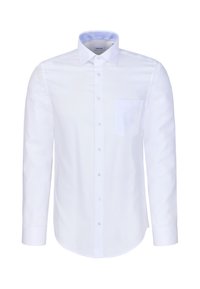 Chemise blanche à manches longues avec boutonnage sur le devant, poche poitrine à gauche et doublure intérieure du col bleu clair.