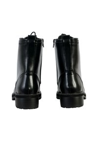 Black leather ankle boots with a smooth texture, rounded toe, and a pull tab. Features a sturdy heel and subtle branding on the side.