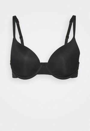 Soutien-gorge rembourré noir avec bretelles réglables, design sans coutures et texture lisse. Dispose d'une fermeture à crochets au dos.