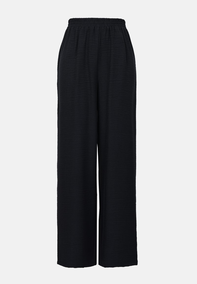 Schwarze weit geschnittene Hose aus strukturiertem Stoff, mit einem elastischen Taillenbund und lockerem Schnitt für Komfort und Bewegungsfreiheit.