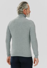 Szary sweter w lekkim dzianinie z wysokim kołnierzem, prążkowanymi mankietami i dołem, noszony przez osobę odwróconą tyłem. Gładka struktura, dopasowany krój.