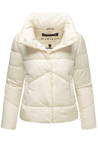 Veste doudoune crème avec col haut, panneaux piqués et détails à boutons-pression sur le devant et les poignets. Accents de design linéaire.