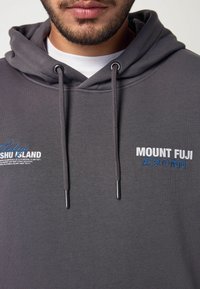 Hoodie gris avec cordons, affichant le texte "MOUNT FUJI" et "Tokyo" en broderie bleue et blanche, en mélange de coton, texture douce.