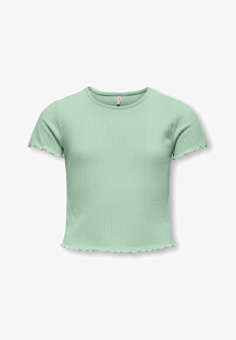 Haut vert menthe à manches courtes en tissu côtelé. Il présente un col rond et des bords festonnés aux manches et à l'ourlet.