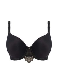 Soutien-gorge noir avec armature, en tissu lisse, avec des détails en dentelle au centre et des bretelles réglables ornées de petits accents décoratifs.