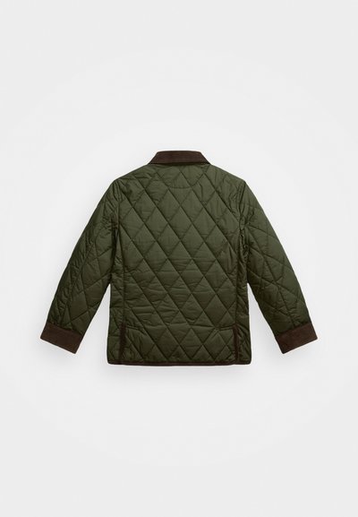 Quilted green jacket with a brown ribbed collar and cuffs, featuring a diamond pattern and side pockets.