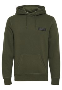 Green cotton hoodie with a front pocket, adjustable drawstring hood, and a rectangular black label featuring "11 PROJECT" stitched on the chest.