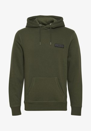 Grøn bomulds-hættetrøje med frontlomme, justerbar snor i huen og et rektangulært sort mærke med "11 PROJECT" broderet på brystet.