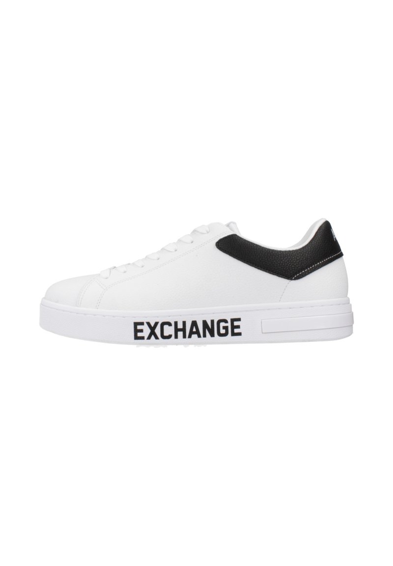 White sneaker with a textured leather upper, black accent on the heel, and "EXCHANGE" logo printed in bold black on the side.