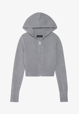 Grijze korte zip-up hoodie van een zachte gebreide stof. Heeft een capuchon, geribbelde zoom en manchetten, met een zilveren ritssluiting.
