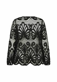 Top in pizzo nero con maniche lunghe, motivi floreali e orlo scallop. Il design include dettagli intagliati e una texture leggera.