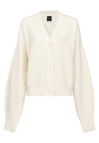 Krátký kardigan z off-white pletené látky. Má výstřih do V, dlouhé rukávy a zapínání vpředu na velké kulaté knoflíky.