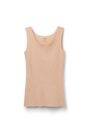 Ærmeløs, lys beige tanktop med rund halsudskæring, vist fladt på en hvid baggrund.