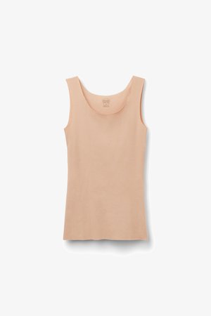 Bezrękawnik, jasnobeżowy top na ramiączkach z okrągłym dekoltem, prezentowany na płasko na białym tle.