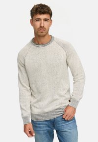 Lichtgrijze gebreide trui met een textuurafwerking. Heeft een gemusterd ronde halslijn en contrasterende gestreepte manchetten en zoom. Gecombineerd met blauwe jeans.
