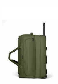 Borsa da viaggio verde oliva con ruote, manico telescopico nero estensibile, maniglie laterali e tasca frontale con zip.