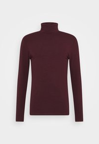 Bordowy sweter typu golf wykonany z miękkiej mieszanki bawełny, z dopasowanym krojem, długimi rękawami i gładką fakturą.