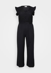 Black jumpsuit with a textured fabric, short frill sleeves, V-neck, front buttons, and a belted waist, featuring wide-leg trousers.