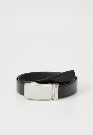 Black leather belt with a smooth texture, featuring a metallic rectangular buckle with a polished finish and a minimalist design.