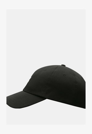 Black baseball cap with a curved brim, made of fabric, featuring six ventilation eyelets, stitching details, and a button on top.