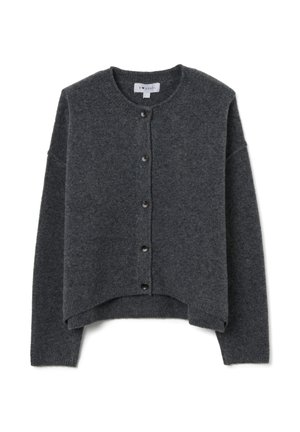 Grijze kortgebroken cardigan van een zachte wolmix, met een ronde hals, lange mouwen en vijf zwarte knopen aan de voorkant.