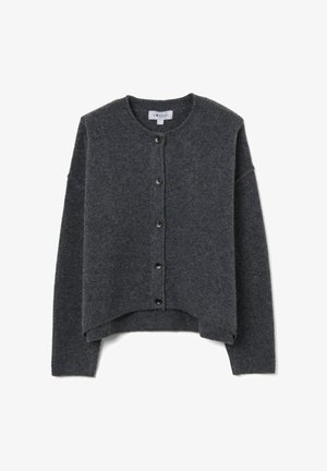 Grauer kurzer Cardigan aus weicher Wollmischung, mit Rundhalsausschnitt, langen Ärmeln und fünf schwarzen Knöpfen an der Vorderseite.