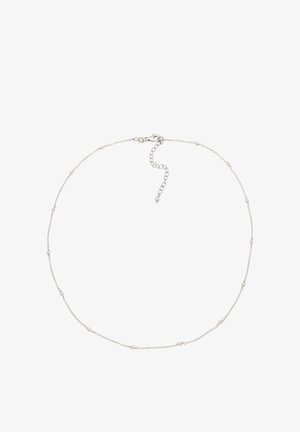 Delikat sølvkæde med jævnt placerede små hvide perler og en lås med justerbar forlængerkæde.