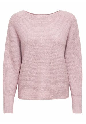 Light pink knitted sweater with a wide neckline, long sleeves, and a textured pattern. Soft material and relaxed fit.