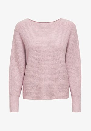 Suéter de punto rosa claro con un escote amplio, mangas largas y un patrón texturizado. Material suave y corte relajado.