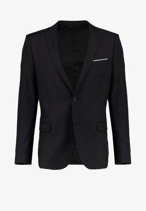 Chaqueta negra tipo blazer con un solo botón, solapas de muesca y un discreto pañuelo blanco en el bolsillo. Confeccionada en una tela suave con un ajuste estructurado.