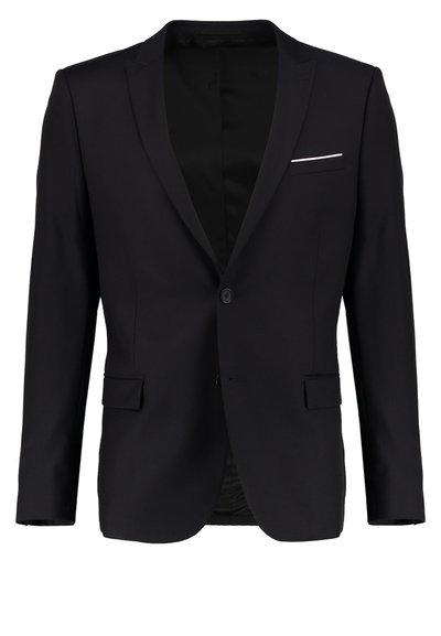 Zwarte blazer met één knoop, notch-revers en subtiele witte zakdoek. Gemaakt van soepele stof met een gestructureerde pasvorm.