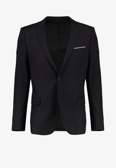 Schwarze Blazerjacke mit einem Knopf, Schneppenkragen und dezentem weißen Einstecktuch. Hergestellt aus glattem Stoff mit strukturiertem Schnitt.
