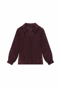 Bordeaux blouse met een gestructureerd patroon, knoopsluiting aan de voorkant en een kraag. Voorzien van lange, lichtgeplooide mouwen.