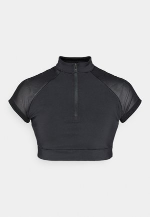 Top corto negro con cuello alto, mangas cortas y cremallera frontal. Fabricado con una tela lisa y elástica, con un diseño ceñido.