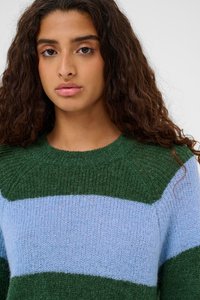 Pull tricoté avec des rayures horizontales vertes et bleu clair, col rond, tissu texturé et aspect doux.