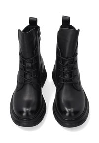 Schwarze Leder-Ankle-Boots mit Schnürung und seitlichem Reißverschluss. Runde Zehenform, strukturierte Sohle und Zuglaschen für einfaches Anziehen. Geeignet für verschiedene Stilrichtungen.