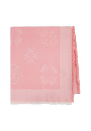 Foulard rose en tissu doux, avec des motifs en relief ton sur ton et des bords frangés, mesurant environ 70x70 cm.