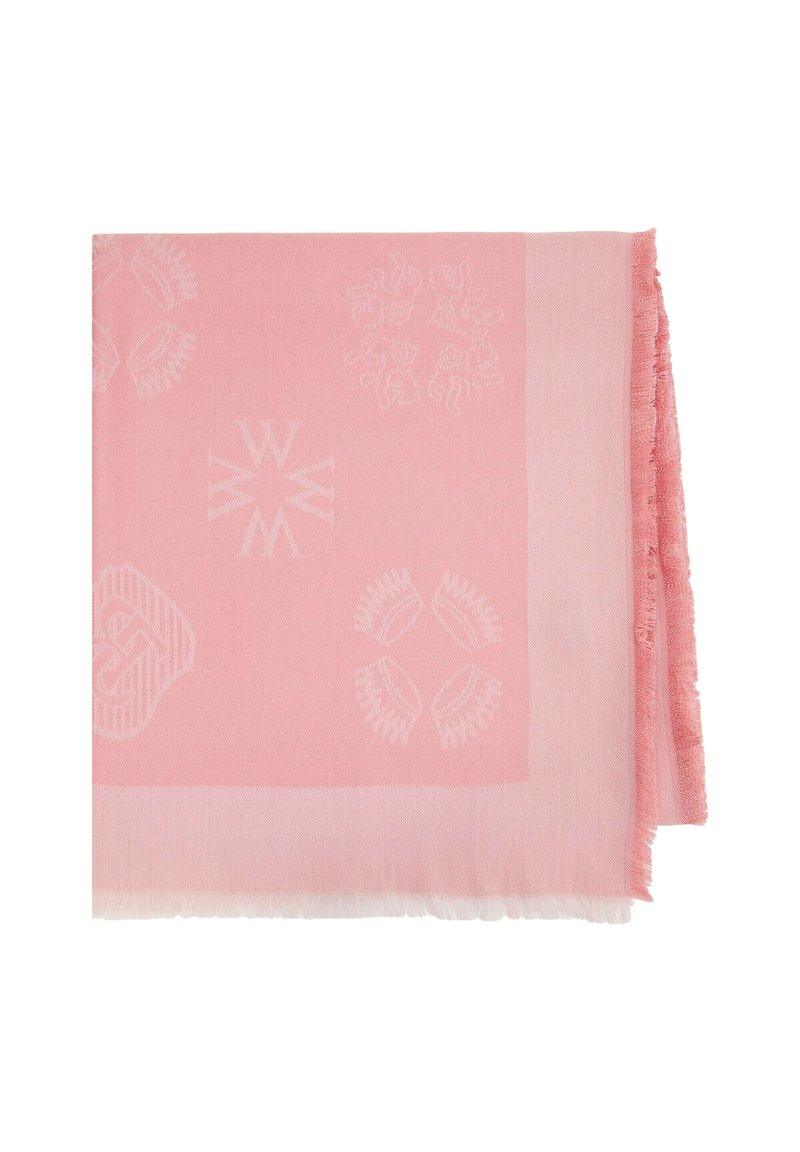 Foulard rose en tissu doux, avec des motifs en relief ton sur ton et des bords frangés, mesurant environ 70x70 cm.