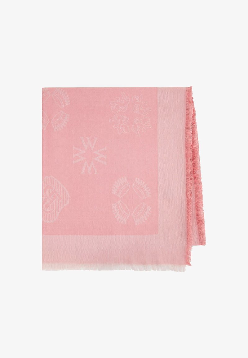 Sciarpa rosa realizzata in morbido tessuto, caratterizzata da motivi tonali in rilievo e bordi frangiati, con dimensioni di circa 70x70 cm.