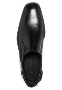 Chaussure habillée pour homme en cuir noir à enfiler, bout carré et coutures visibles, nom de la marque ECCO embossé sur la semelle intérieure.