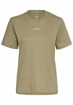 Olive green cotton T-shirt with a round neckline and short sleeves. Features the text "MADE FOR DAILY ADVENTURES" printed in white.