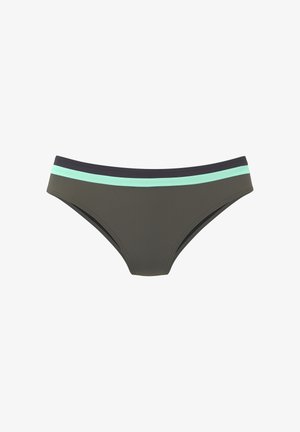 Slip bikini verde oliva con una sottile fascia nera in vita e una striscia azzurro chiaro sotto la fascia.