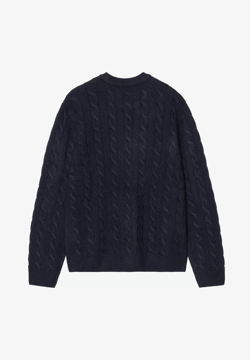 Maglione blu navy lavorato a trecce con collo rotondo a coste e maniche lunghe, realizzato in materiale morbido con motivo a rilievo.