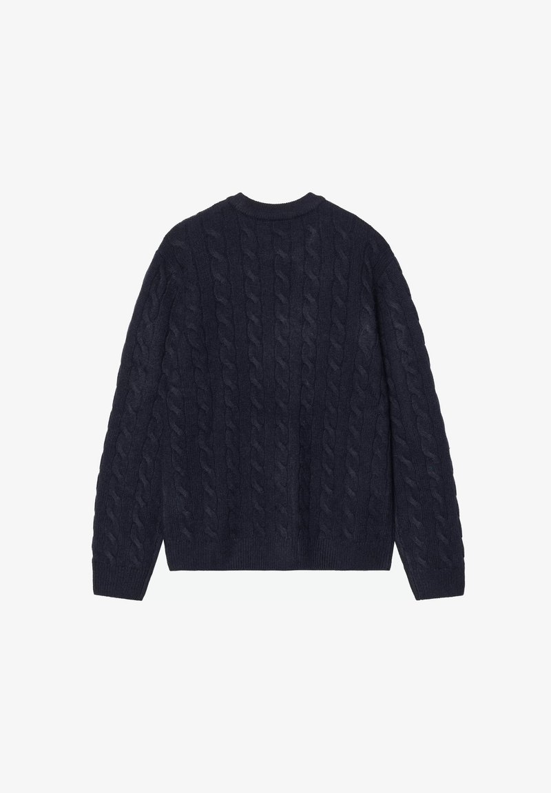 Maglione blu navy lavorato a trecce con collo rotondo a coste e maniche lunghe, realizzato in materiale morbido con motivo a rilievo.